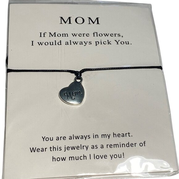 Mom Heart Charm Bracelet On Black Cord With Sentimental Quote Card Pendant - Picture 2 of 5